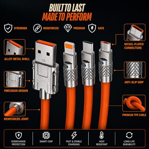 Image of Umake 100w Multi Device Fast Charging Cable 3-in-1, USB to Type-C, ios & Micro USB, High-Speed Charging and Data Transfer, Strong Metal Connector Design, 1M Orange