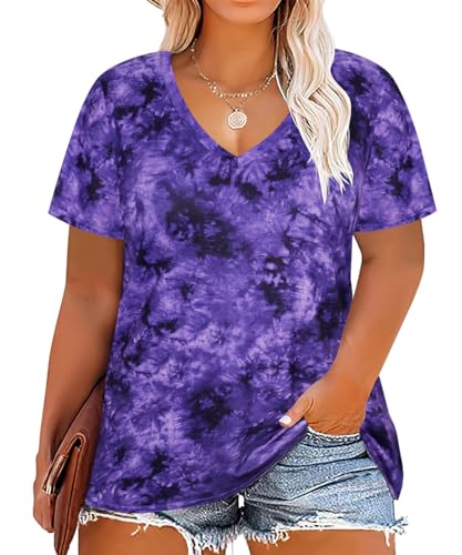 RITERA Plus Size Tops for Women Oversized Summer Basic V Neck Short Sleeve Henley Shirt Casual Tunic Shirts XL-5XL