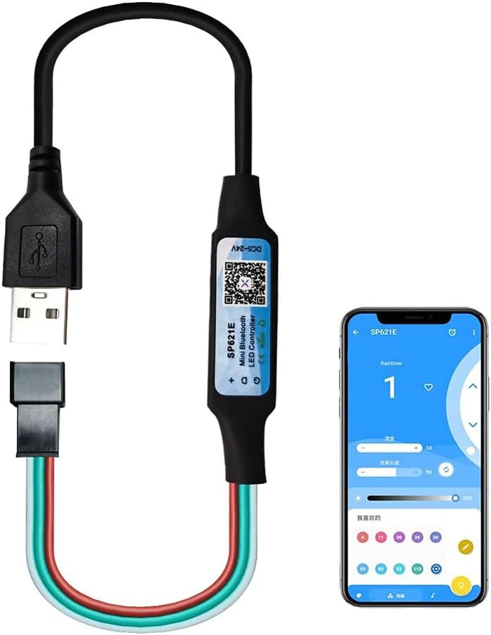 Vrabocry SP621E controller connected to power and LED strip, with a smartphone displaying the control app interface.