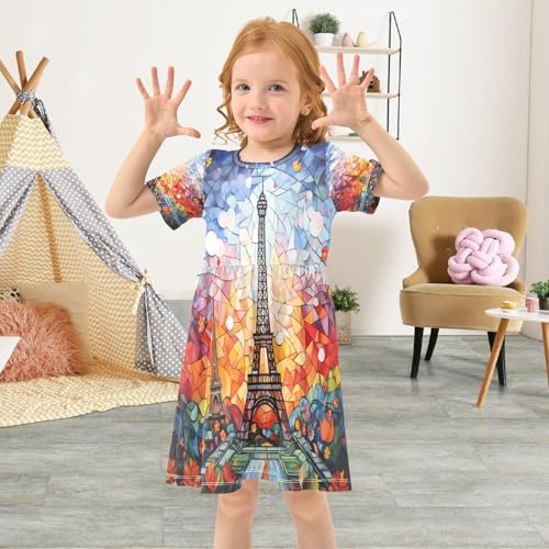 ALAZA Abstract Paris Eiffel Tower France Art Girls Dress Short Sleeve Toddler Casual Dresses Summer Sundress 2-8T4