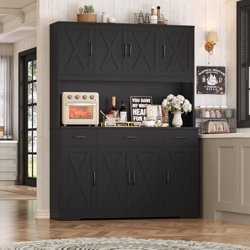 Image of HOSTACK 71 inch H Kitchen Pantry Cabinet, 55 inch Kitchen Hutch, Black Wood Grain | Large Pantry Starge Cabinet with Charging Station / Countertop / Drawer, Farmhouse Hutch Cabinet with Storage for Dining Room