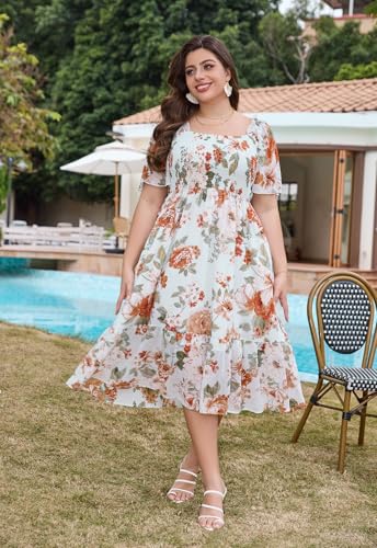 Image of Keluummi Plus Size Wedding Guest Maxi Dresses for Curvy Women, Summer Casual Boho Floral Smocked Empire Waist A Line Sundress