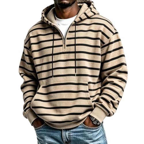 Stylish Mens Quarter Zip Striped Pullover Hoodie for Everyday Wear