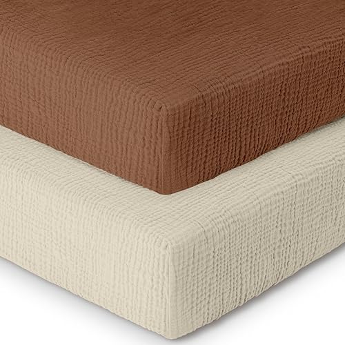 Image of Dreamology Mini Crib Sheets Fitted,Mini Muslin Crib Sheet,100% Cotton | Crib Sheets,Soft,Baby Crib Sheets,Girls,Boys,Pack and Play Sheets Fitted,24x38 Mini Crib Sheet,2 Pack | Caramel,Ecru