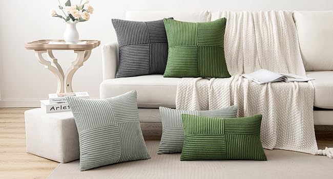 Image of MIULEE Moss Green Decorative Throw Pillow Covers 18x18 Inch for Couch Bed Sofa Pack of 2 Boho Farmhouse Throw Pillows Soft Cross Corduroy Patchwork Textured Cushion Cases