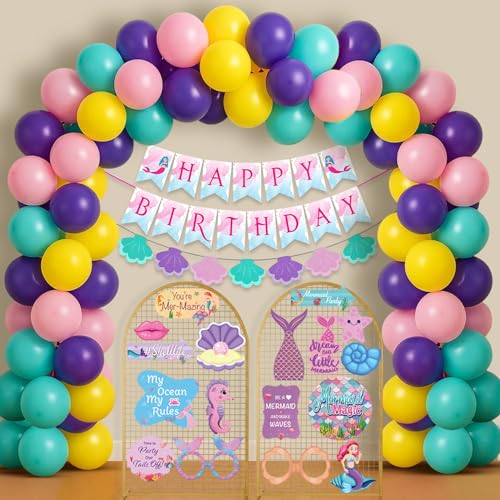 Image of Party Propz Mermaid Theme Birthday Decoration Kit for Girls - 60 Pcs, Happy Birthday Banner, 40 Balloons, Mermaid Shell Banner, Photo Props & Glue Sheet (Cardstock,Latex)