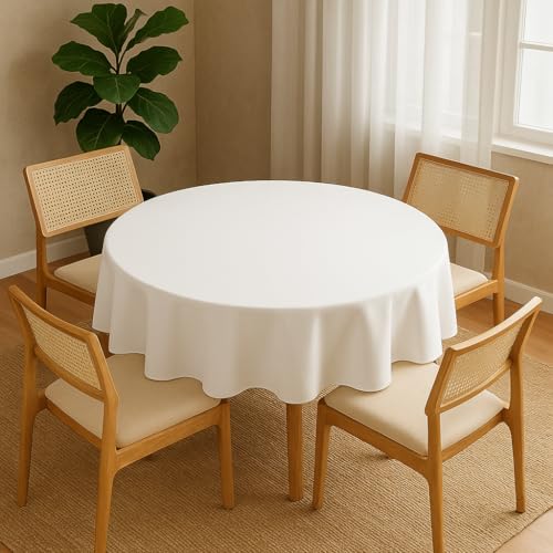 Image of R home 100% Cotton Solid Table Cover | Round | 200 GSM Thick Fabric | Anti-Skid | Machine Washable & Reusable | Ideal for Dining Table & Centre Table | Easy Maintenance | White | 56 Inch