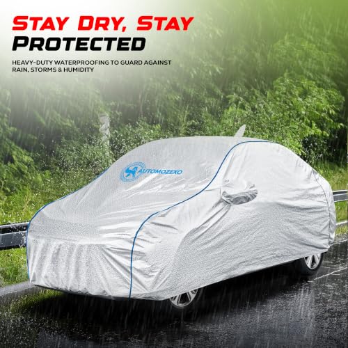 Image of Hyundai Xcent 100% Waterproof Car Cover for All Weather Protection with Mirror & Antena Pocket Inner Cotton Triple Stitched Cover with Adjustable Belt Bottom Elastic to Secure Fit - SRED