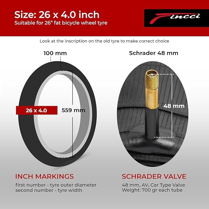 Fincci Fat Bike Inner Tubes 26 x 4.0 - Pair 100-559 mm with 48mm Schrader Valve - For Fat Tire and Mountain, Electric & Road Bicycles - Suitable for Sand, Snow, Dirt & Trail Use- Pack of 2 accessories - Afbeelding 3