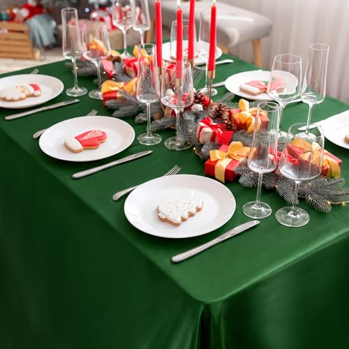 Image of TURSTIN 4 Packs Satin Tablecloth 102 x 58 Inch Overlay Satin Table Cover Rectangle Bright Silk Tablecloth Smooth Fabric Table Decoration for Wedding Banquet Party Events, Dark Green