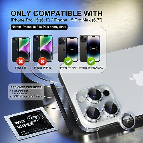 Image of Choiche Compatible for iPhone 15 Pro /iPhone 15 Pro Max Camera Lens Protector, 9H Tempered Glass Camera Cover Screen Protector Metal Ring Decoration Accessories (Silver)