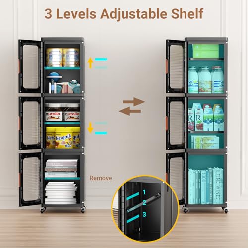 Image of BROVIEW 1-Tier Tall Narrow Storage Cabinet Organizer, Slim Bathroom Cabinets with Adjustable Shelves and Door, Plastic Kitchen Pantry Organizers and Storages for Small Space, Laundry, Black