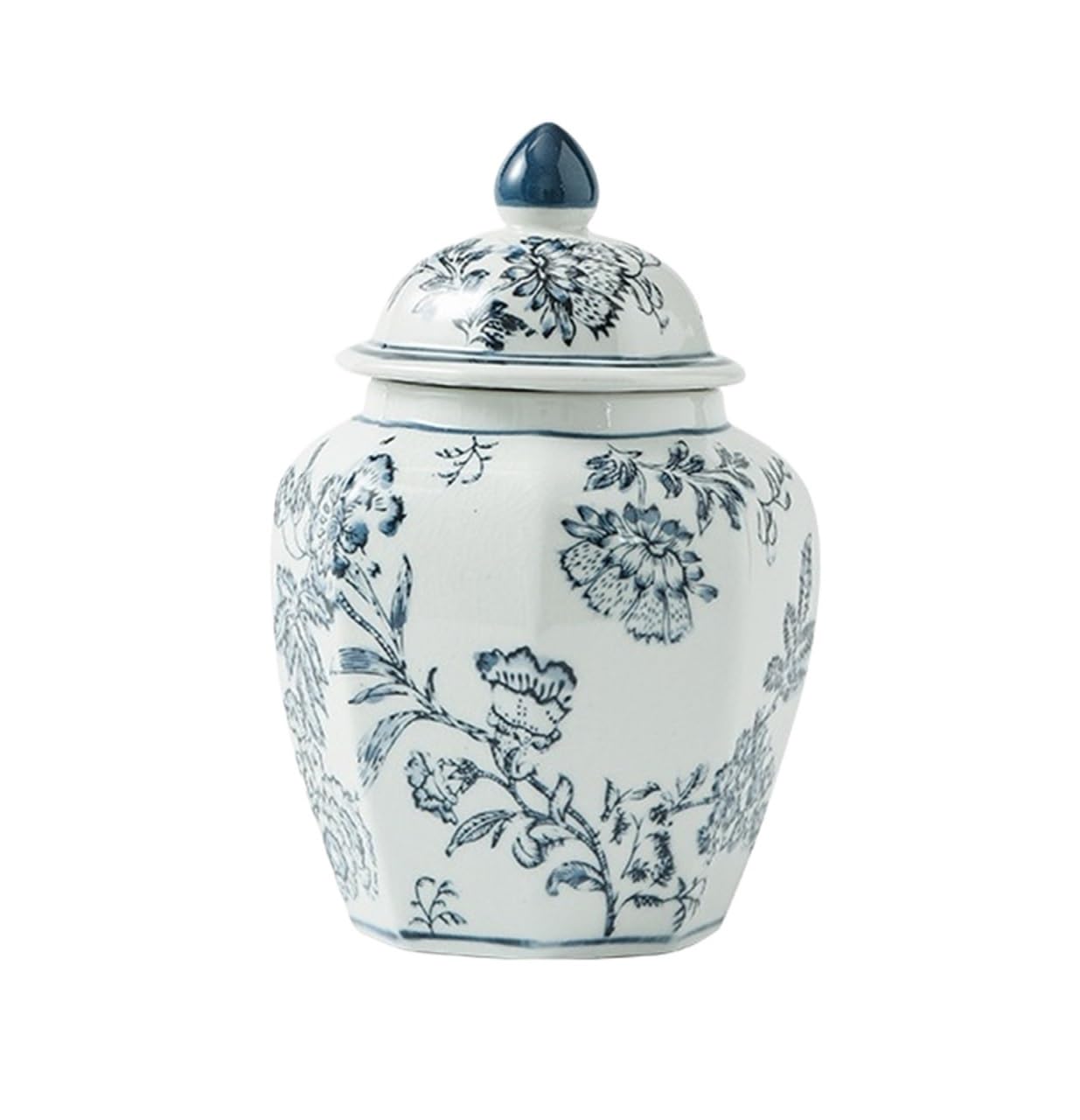 Chinese Style Decorative Jar White And Blue Porcelain Vases Ginger Jar Floral Chinoiserie With Lid Octagonal Flower Display(16 * 25cm)