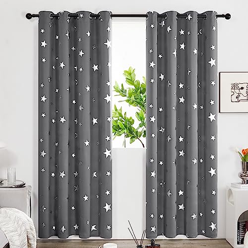 Deconovo Room Darkening Curtains Foil Star Printed Thermal Insulated Super Soft Soundproof Curtains for Bedroom Light Grey W55xL96 Inches 2 Panels