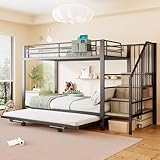 Lit superposé 90x200 cm, lit inférieur avec lit gigogne 180x200 cm, avec sac de rangement en tissu, Lit en fer multifonction, escalier de sécurité avec espace de rangement, Noir (matelas non inclus)