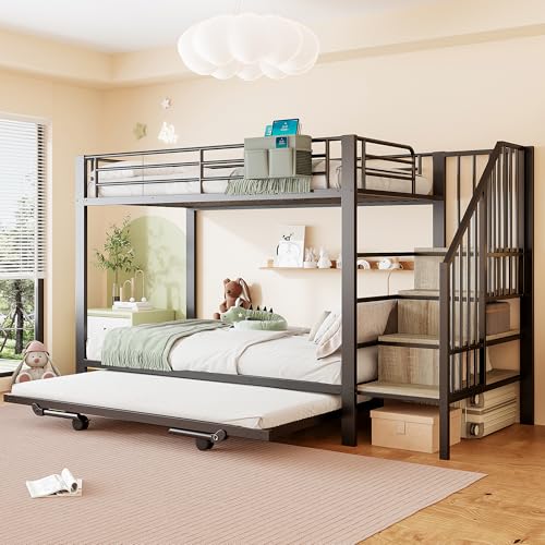 Lit superposé 90x200 cm, lit inférieur avec lit gigogne 180x200 cm, avec sac de rangement en tissu, Lit en fer multifonction, escalier de sécurité avec espace de rangement, Noir (matelas non inclus)