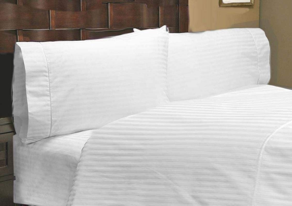 LUXURIOUS BEDDING 800-Thread-Count Egyptian Cotton Wrinkle Resistant 25" Deep Pocket 4 PC Sheet Set (1 Fitted + 1 Flat + 2 Pillow Cases) Double Size White Striped