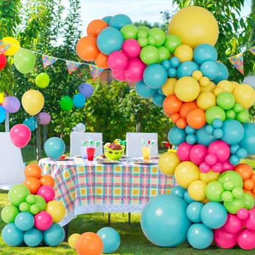 Image of 131pcs Summer Tropical Balloon Arch Garland Kit -Double Stuffed Hot Pink Orange Light Blue Balloon for Hawaiian Summer Beach Aloha Luau Birthday Baby Shower Party Decor