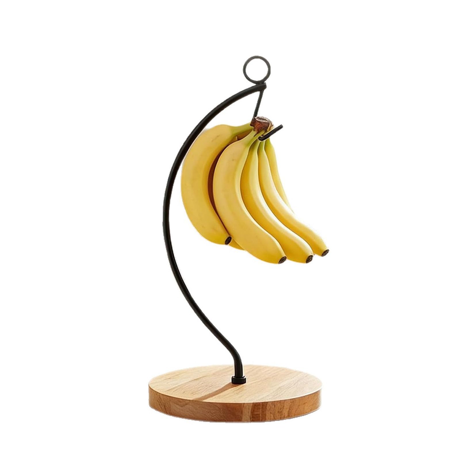 JORCEDI Banana Hanger Hook with Wooden Base, Curved Metal Banana Holder Stand, Countertop Fruit Storage Rack for Kitchen