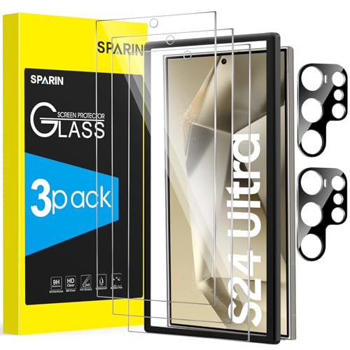 SPARIN für Samsung Galaxy S24 Ultra Panzer Schutz Glas, 3+2 Stück Schutzfolie und Kameraschutz mit Montage Rahmen, Finge...