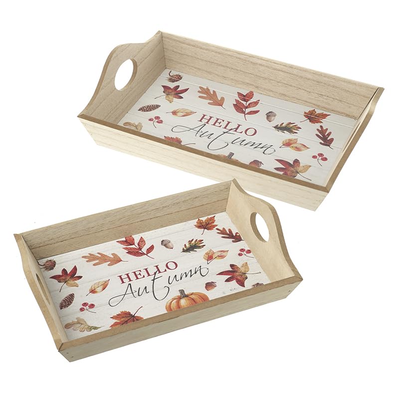 Heaven Sends Hello Autumn Set of 2 Wooden Trays - 30cm x 20cm / 23cm x 15cm - Autumnal Kitchenware Serveware - Autumn Themed Décor - Autumn Decoration - Perfect for Home Kitchen Living Room Tabletop