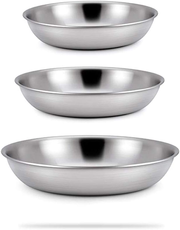 屋内または屋外用ディナープレート304ステンレススチールプレート3枚セット、厚手の皿、家庭用ラウンドフルーツプレート、ドライフルーツ