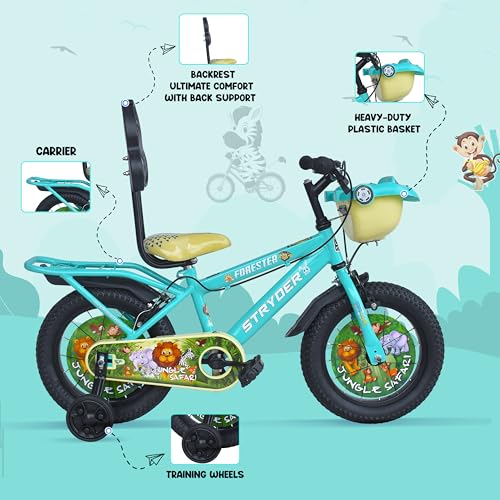 Image of Stryder Forester IC Eva 14-Inch BMX Cycle for Kids (Unisex) | Rigid Mild Steel Frame | Nylon Tyres | Adjustable Seat | Training Wheels & Backrest Support (Turquoise)