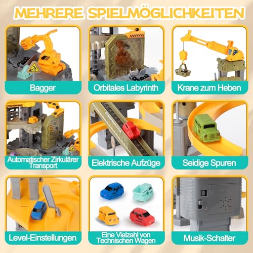 Charmofun Auto Rennbahn Kinder, Baustellenfahrzeuge Spielzeug mit 10 Autos Bagger Kran Transport LKW, Baustelle Spielzeug mit Autorennbahn, Auto Raceway Baufahrzeug Geschenk Set für Jungen