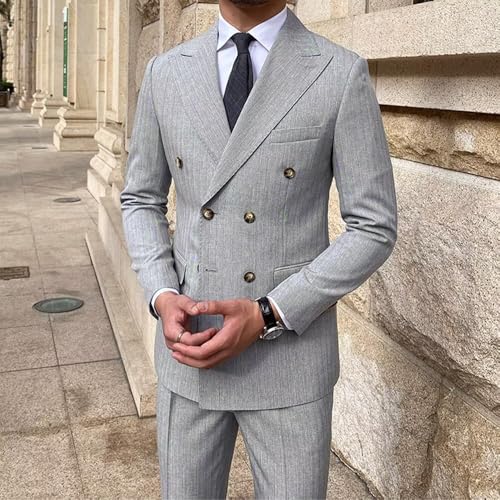 Men's 2 Piece Tweed Herringbone Business Suit Slim Double Breasted Striped Suit2