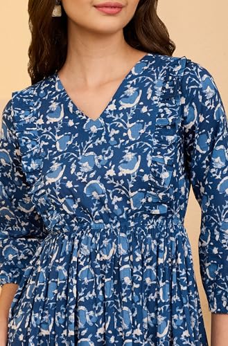 Janasya Robe florale indigo en pur coton pour femme, indigo, L – vue 8