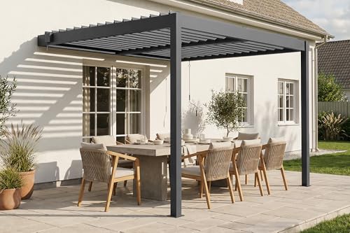 CAZEBOO Pergola Bioclimatique Adossée Piana 3x2,5m Aluminium Gris Anthracite RAL 7016 - Lames Orientables 0 à 110° Acier - Protection Terrasse 7,8m² - Résistance Vent 70 km/h - Manivelle Incluse