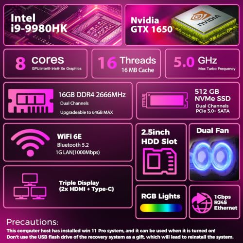 Image of sinbun Gaming PC Mini Computer, Intel Core i9-9980HK丨GeForce GTX 1650 4G, Gaming Computer 16GB DDR4 512GB SSD, RGB Lights /Triple 4K Display /WiFi 6E /RJ-45, Win 11 Pro Desktop PC for Office, Home, Game