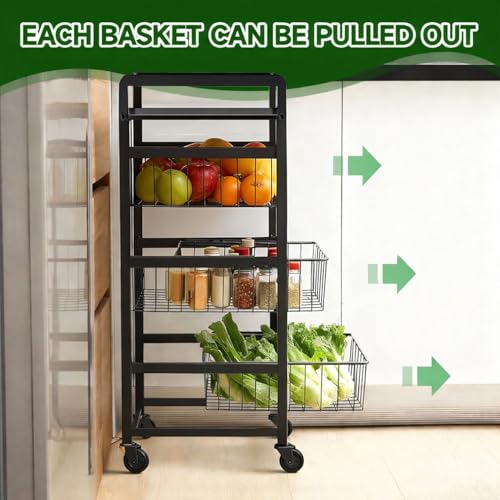 Image of WINSTAR Metal Rolling Trolley with Lockable Wheels | Heavy Duty Multifunctional Storage Cart with Pull-Out Wire Baskets | Fruit Vegetable Organizer Rack with Tabletop (Black, 3-Tier wd Tabletop)