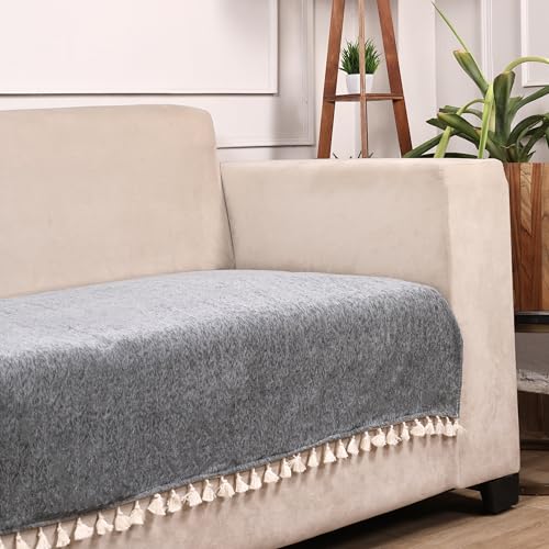 Image of STITCHNEST Grey Chenille Sofa Cover 70x30 Inch - Soft, Durable & Textured Fabric with Tassels | Sofa for Living Room, Bedroom, or Drawing Room