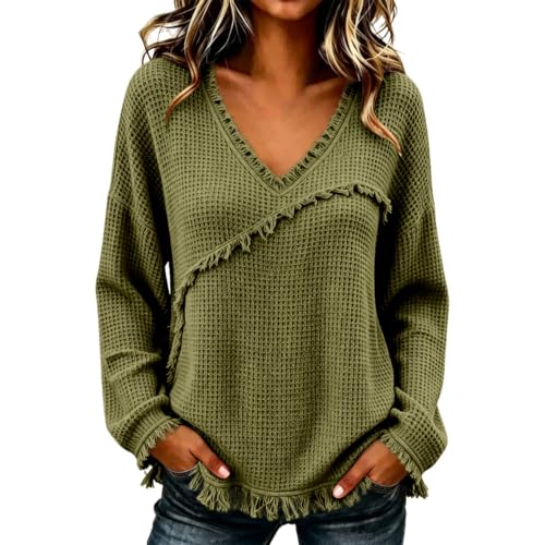 Waffle Knit Tops For Women Vintage Long Sleeve V Neck Frayed Raw Shirts