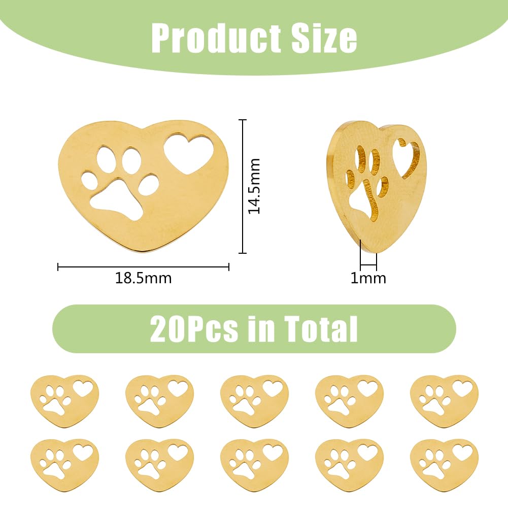 DICOSMETIC 20Piece Heart Charms Golden Heart and Dog Footprint Pendants Small Heart Link Charms Pet Print Charms Stainless Steel Pendant for Jewelry Making, Hole: 1.6mm
