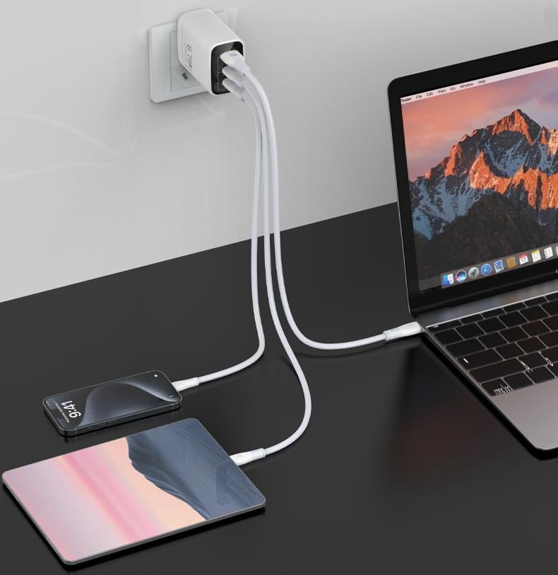 Diagram illustrating power distribution modes for the 67W GaN charger. Single port mode shows 67W for USB-C1 or USB-C2, or 30W for USB-A. Dual port mode shows 45W+20W (USB-C1+USB-C2) or 45W+18W (USB-C1+USB-A). Three-port mode shows 45W+(5V/3A) for USB-C1+USB-C2+USB-A.