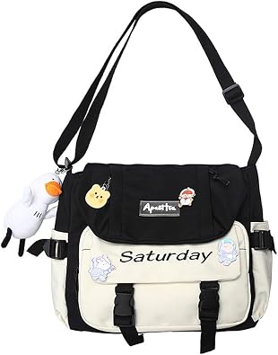 Kawaii Messenger Bag Cute Crossbody Purse Satchels Hobo Shoulder Purse with Pins and Stuffed Pendant Gift