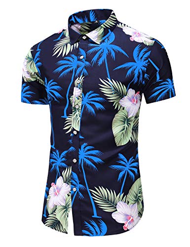 LEFTGU Men's Printed Beach Hawaiian Button-Down Slim fit Dress Shirt (Navy Blue 9011, Small)