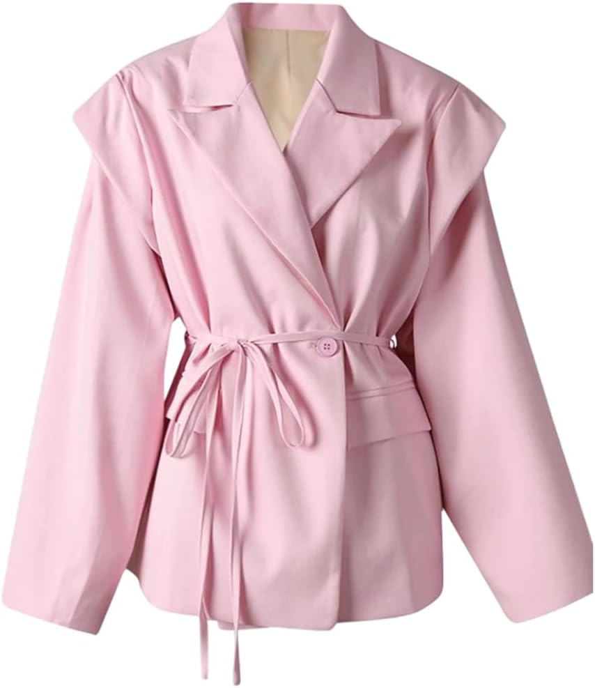 Women Solid Spliced Single Button Blazer Jacket Notched Collar Long Sleeve Patchwork Lace Up Office Coat