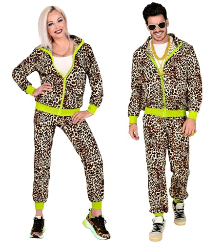 TrendandStylez Jogginganzug 80er 90er Jahre Kostüm – Trainingsanzug in 25 schrillen Designs wie Comic, Leo & Neon für Damen & Herren, für Karneval, Fasching & Mottoparty (Leopard Neon Gelb, L)