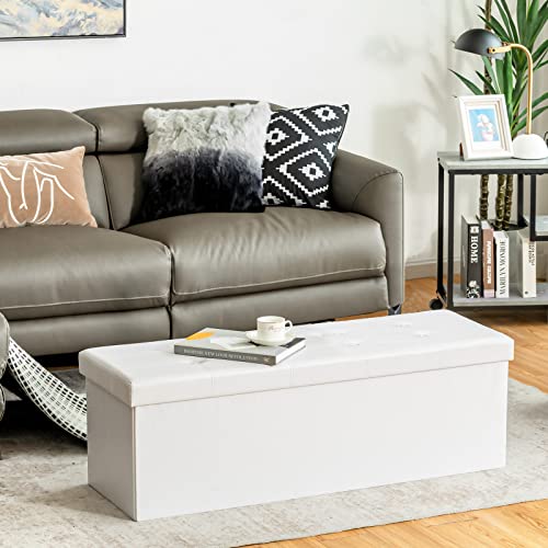 Giantex 45" Folding Storage Ottoman Bench, Storage Chest To Support 660Lbs, 165L Storage Trunk Footrest Padded Seat Coffee Table For Bedroom Hallway, Faux Leather, White #TOP7