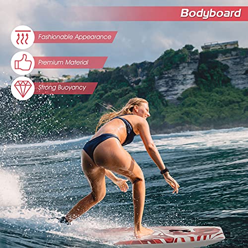 Foto von RELAX4LIFE Schwimmbrett tragbar, Schwimmboard mit Halteleine, Rutschfestes Surfbrett für Kinder & Erwachsene, Surfboard bis 55 kg belastbar, Bodyboard Shortboard, XPE HDPE (Rot, 93 x 47 x 5,5 cm)