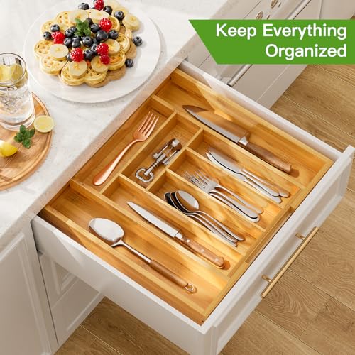 image for Pipishell Bamboo Expandable Drawer Organizer for Utensils Holder, Adju
