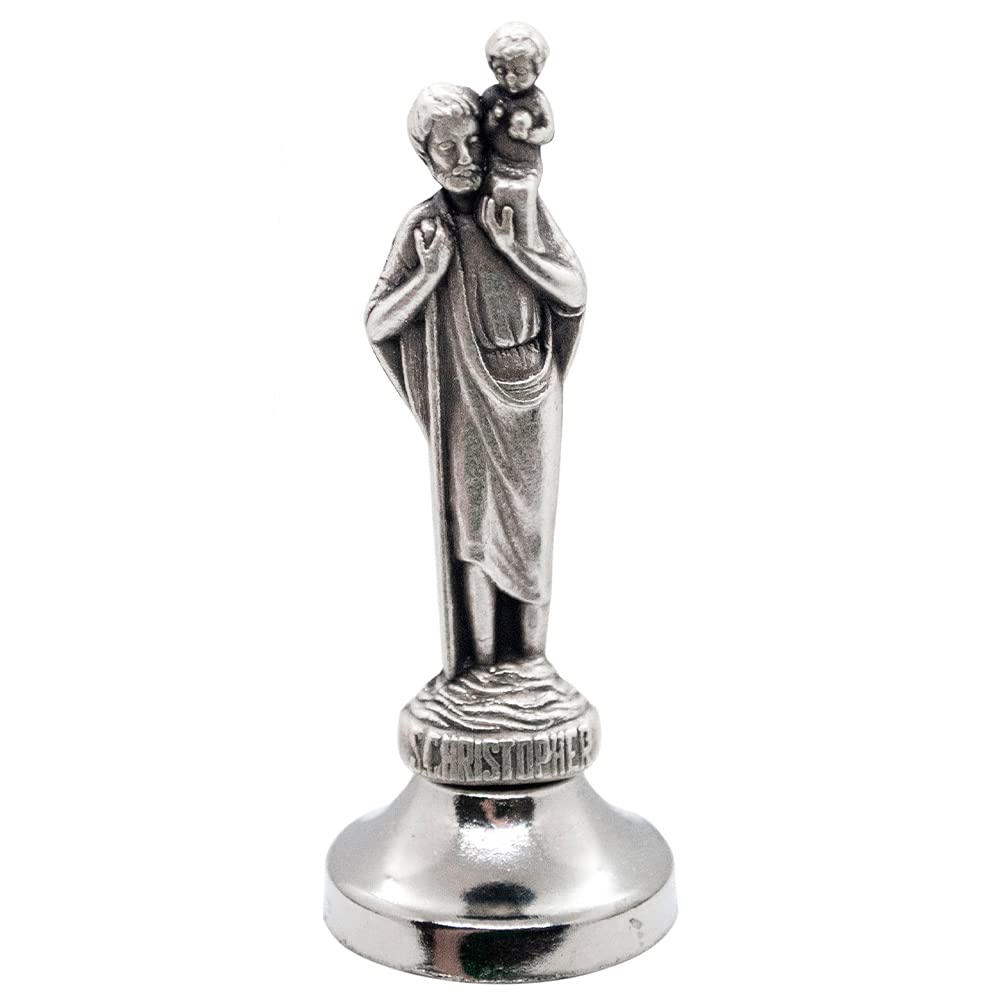 Mini Saint Statue | Classic Christian and Catholic Figurines | Silver-Tone Metal | Sticky Bottom - Easily Attach to Car Dash | Religious Home and Car Decor | Made in Italy (St. Christopher)