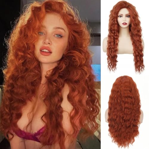 Daiaces Long Ginger Orange Curly Wavy Wig for Women Natural Ombre Fluffy Synthetic Hair for Costume Cosplay Halloween Party