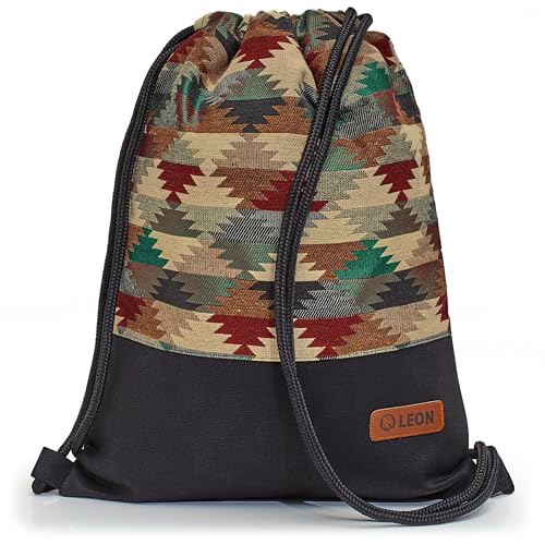 By Bers Leon großer Premium Turnbeutel mit Innentaschen Rucksack Tasche Damen Herren Teenager Gym Bag Draw String 45x34cm für Sport Reise Alltag Einkauf (TB_Boho_Schwarz_012)