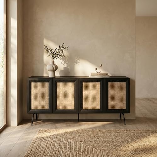 NTC MOSSIC Modern Sideboard with 4 Doors, Natural Rattan Storage