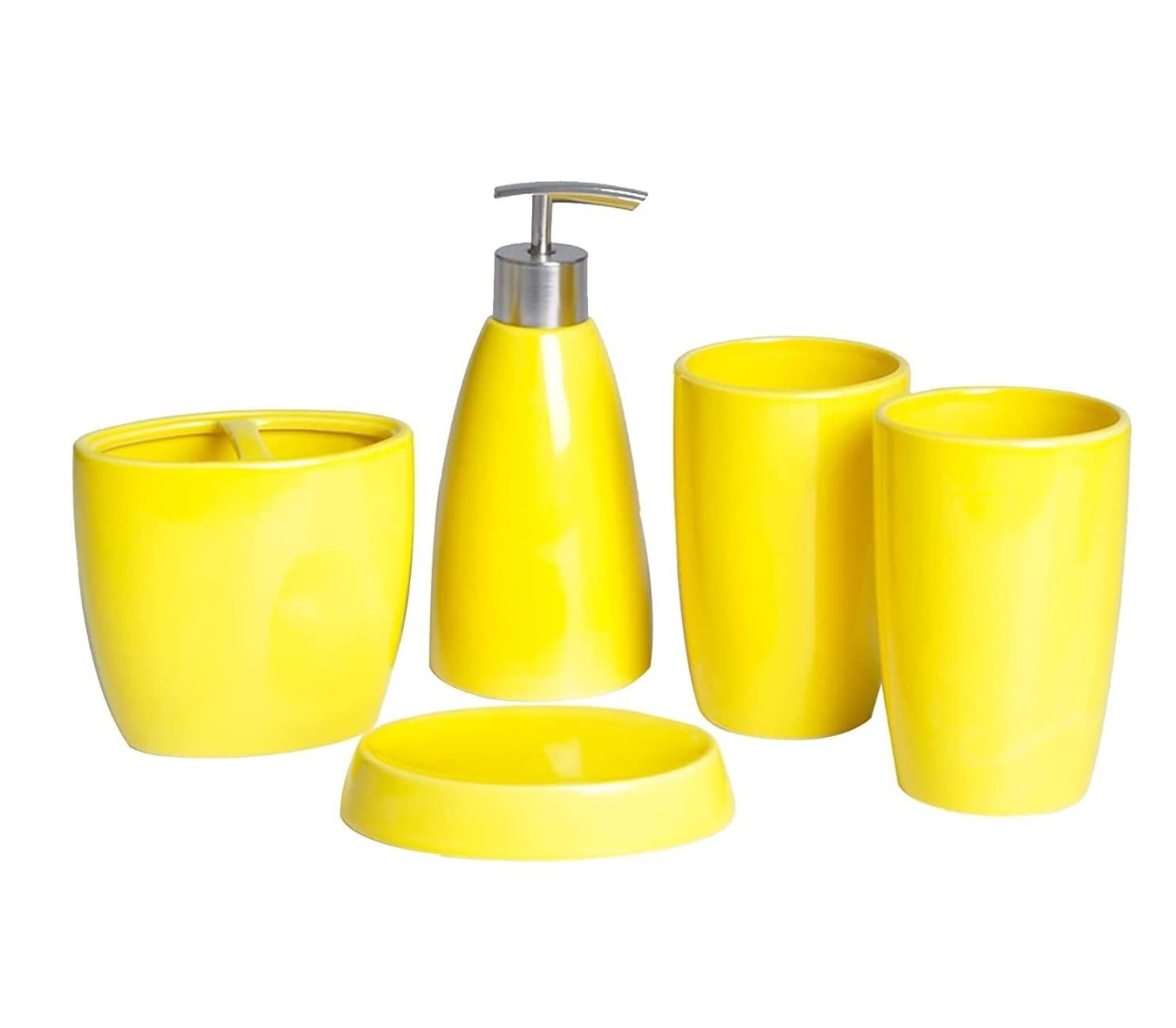 Seifenspender Set Zubehör 5-teiliges Keramik-Set Mit Mehrfarbigen Accessoires Für Das Badezimmer, Badezimmer-Organizer-Set, Süßes Stil-Set Vintage(Yellow)