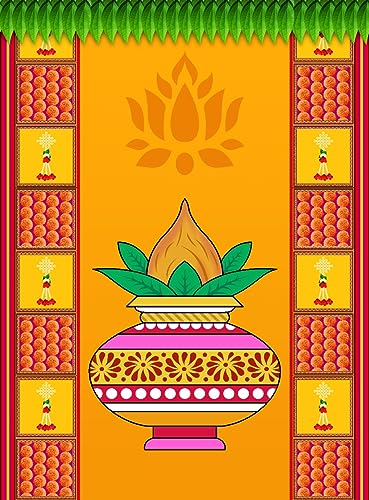 Backdropon Marigold Flower with Kalash Decoration Design Backdrop Cloth for Pooja Decoration Traditional/Background Curtain Cloth for Pooja/Festival Size 8 Feet Height and 5 Feet Width(8 * 5)